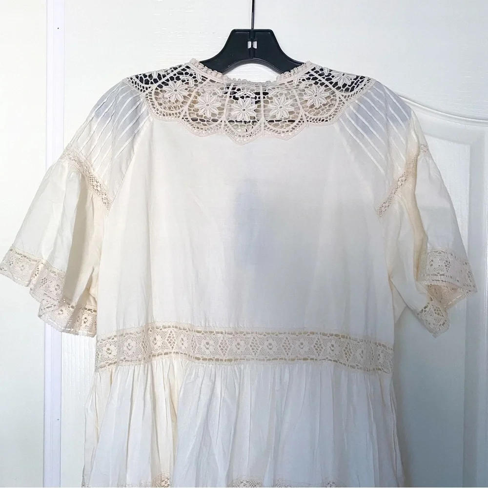 Hunter Bell Dress Newton Lace Pintucked Buttoned Tiered Mini Cream M NWT